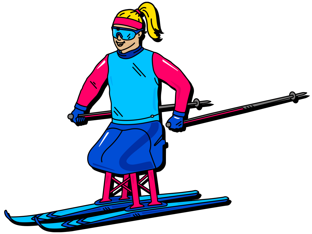 An illustration of a female Para biathlon athlete with a blonde ponytail in a sit-ski. She wears a light blue and pink racing suit and blue goggles, using two poles to propel a seated frame mounted on blue skis.