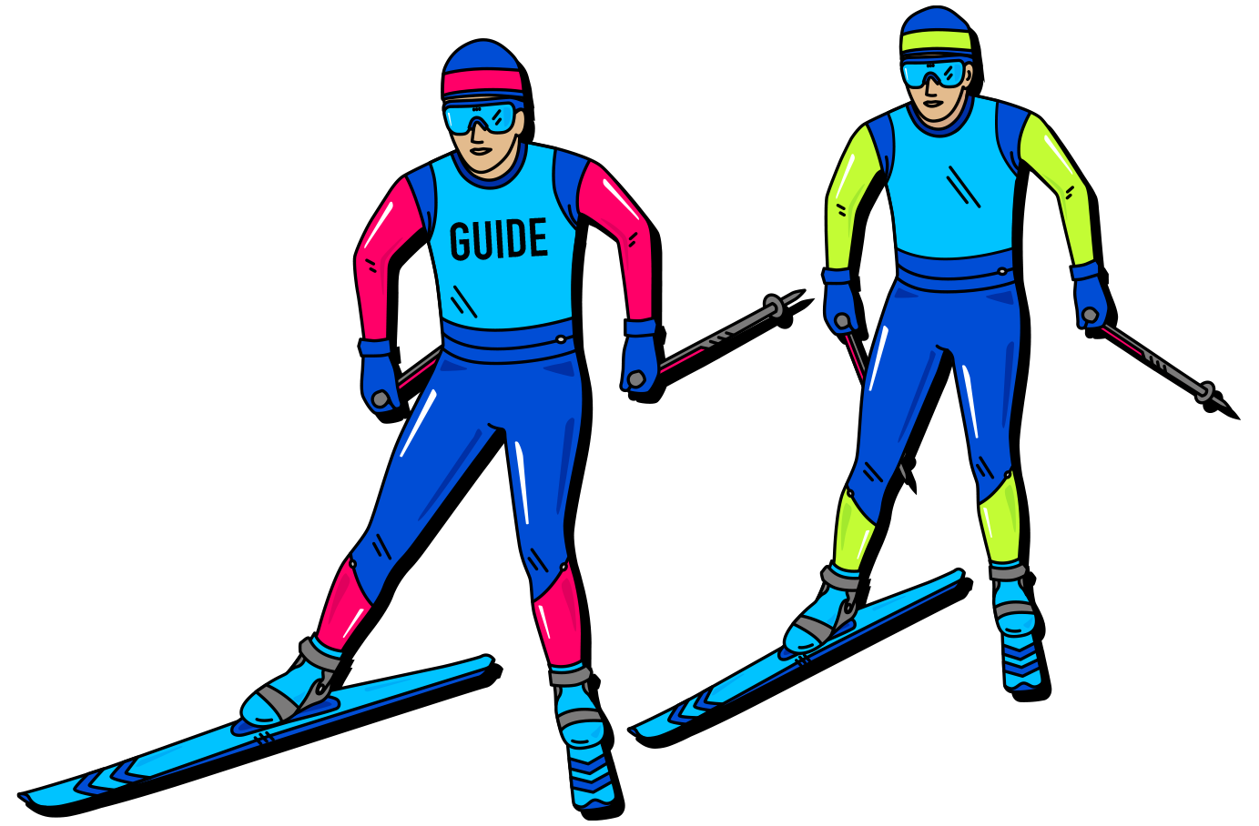 An illustration showing a sighted guide and a visually impaired athlete. The guide on the left wears a blue bib labeled GUIDE in black text over a pink and blue racing suit, leading the athlete on the right.