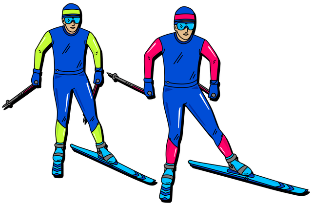 Illustration of two Para biathlon athletes skiing together. On the right, a visually impaired athlete in a blue and pink suit; on the left, a sighted guide in a blue and neon yellow suit leads the way. Both are cross-country skiing on blue skis with poles.