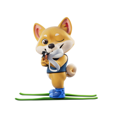 A cartoon Shiba Inu mascot named Shibu standing on green skis, aiming a rifle forward while winking playfully, wearing a blue shirt