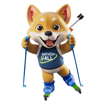 A cartoon Shiba Inu mascot named Shibu roller skiing, wearing a blue Biathlon 4 ALL shirt and holding ski poles aloft with a rifle on its back