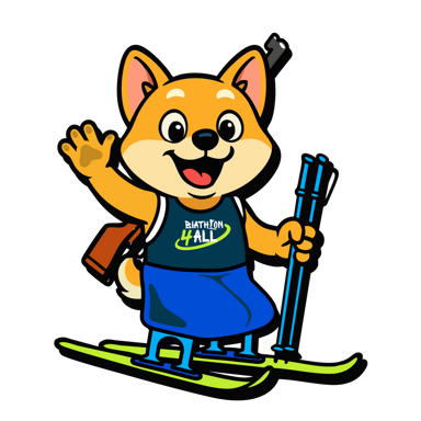 A cartoon Shiba Inu mascot named Shibu participating in para-biathlon, shown sitting in a blue sit-ski on green skis, waving cheerfully while holding ski poles and carrying a rifle on its back