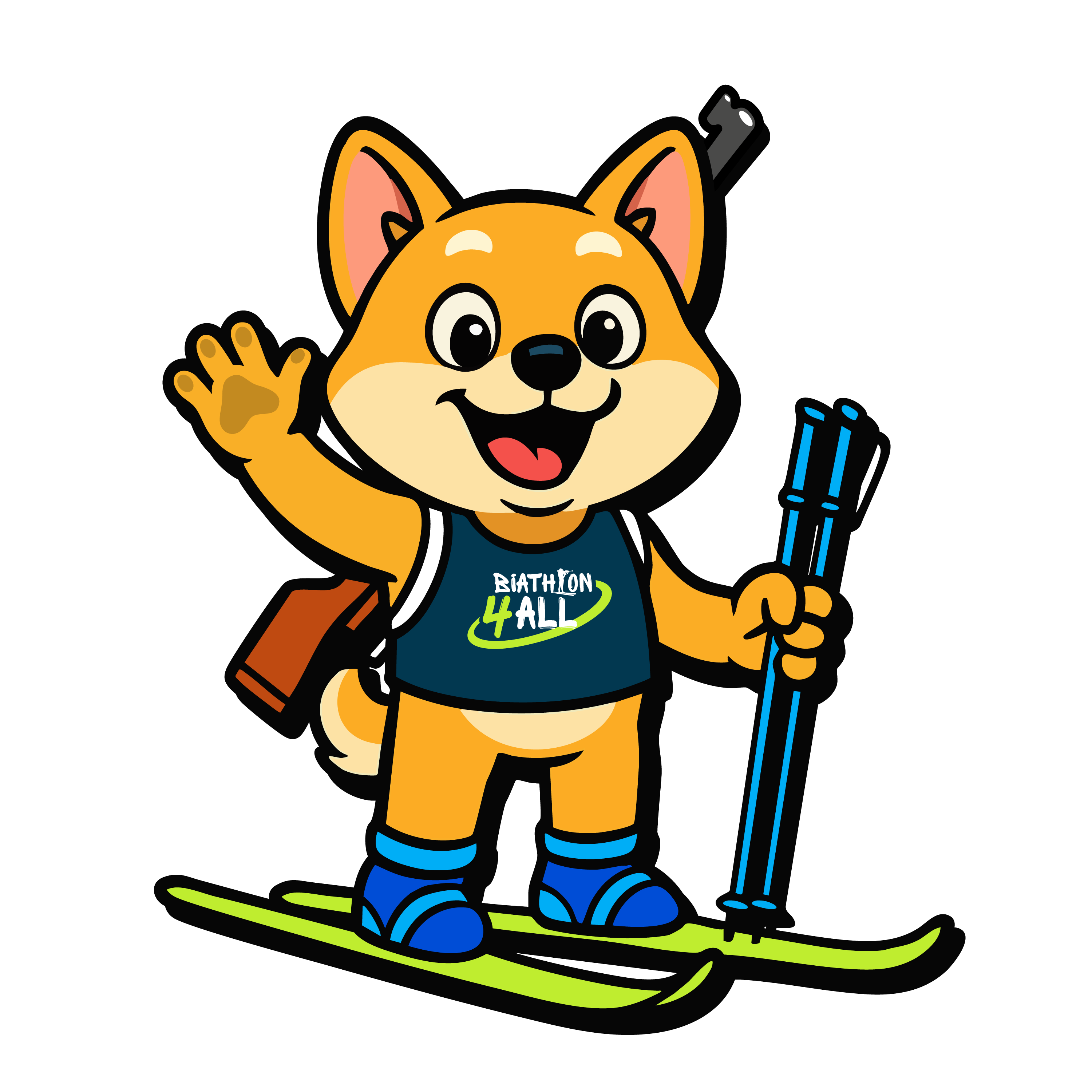 A cartoon Shiba Inu mascot named Shibu stands on green skis, wearing a blue shirt with the Biathlon 4 ALL logo, waving cheerfully with one paw while holding ski poles in the other and carrying a rifle on its back